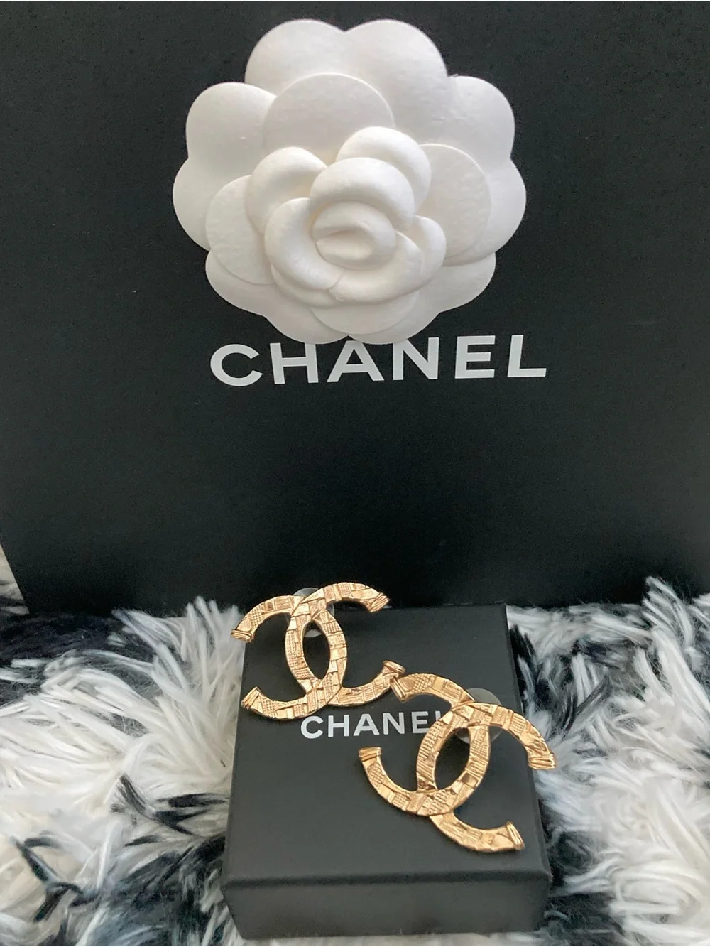 CHANEL Tweed Large CC pierced Earrings